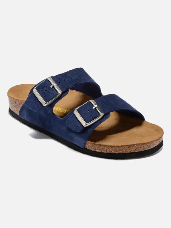 Two-Strap Shearling Navy Blue Sandals